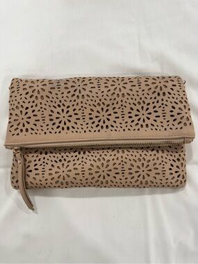Fold-Over Floral Clutch - Nude/Taupe